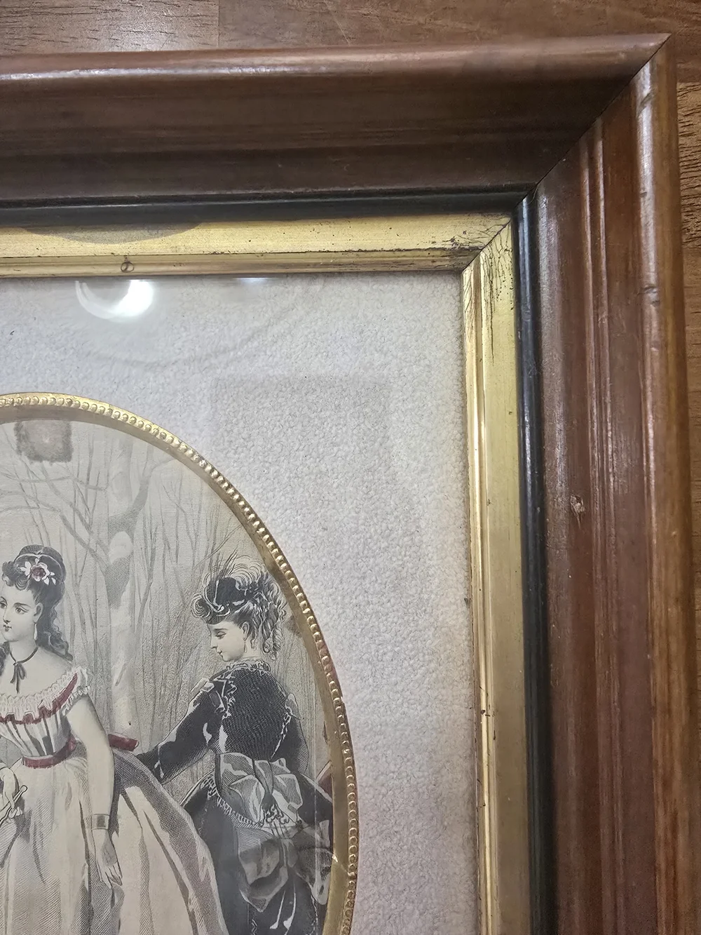 Antique Victorian French Fashion Plate Print - Framed Gilt & Dark Wood - Vintage